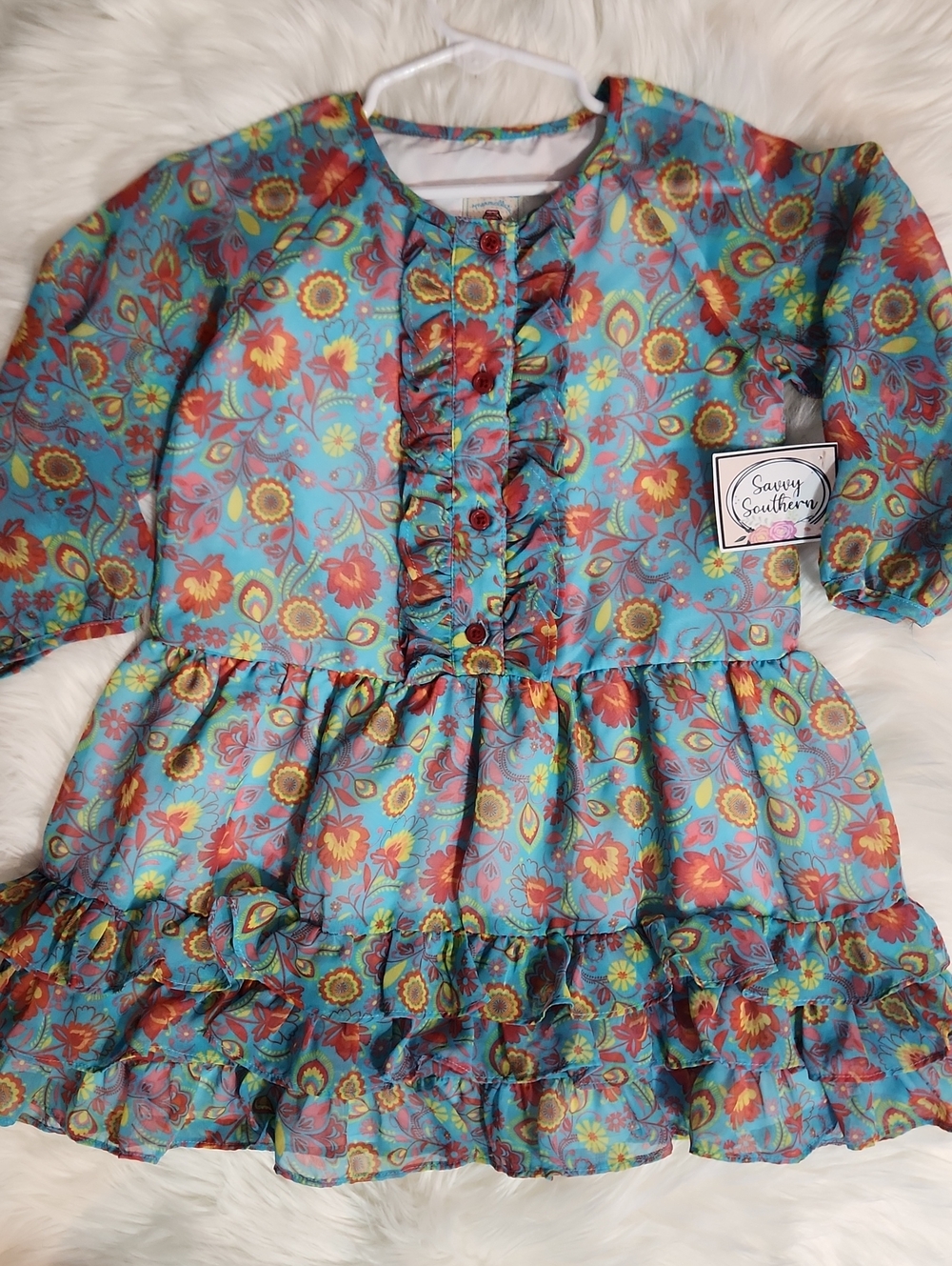 Floral Ruffle Dress - Girls Size: 6 - Color: Teal, Pink - Brand: Marmellata